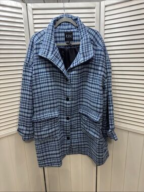 FDJ Blue Plaid Pea Coat with Oversized Collar